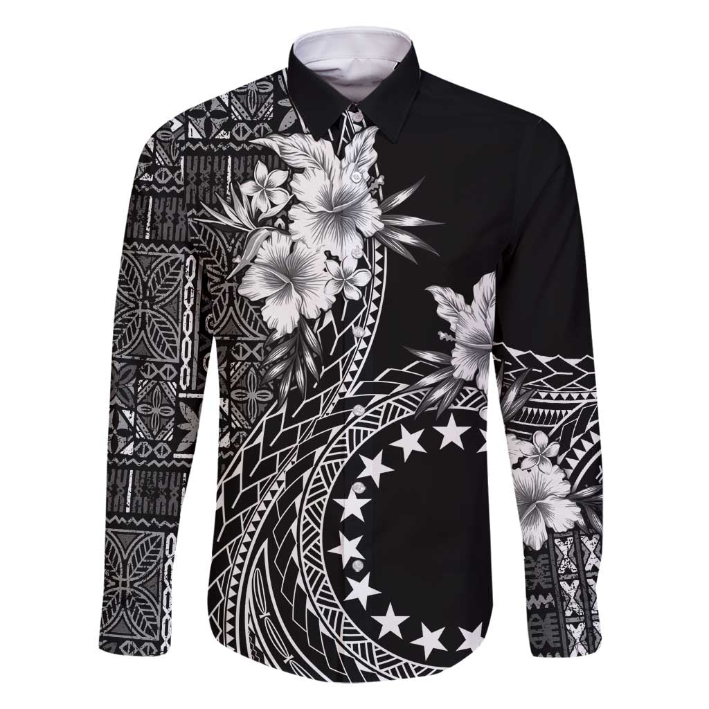 Kia Orana Cook Islands Family Matching Summer Maxi Dress and Hawaiian Shirt Tiare and Stars LT7 Dad's Shirt - Long Sleeve Black - Polynesian Pride