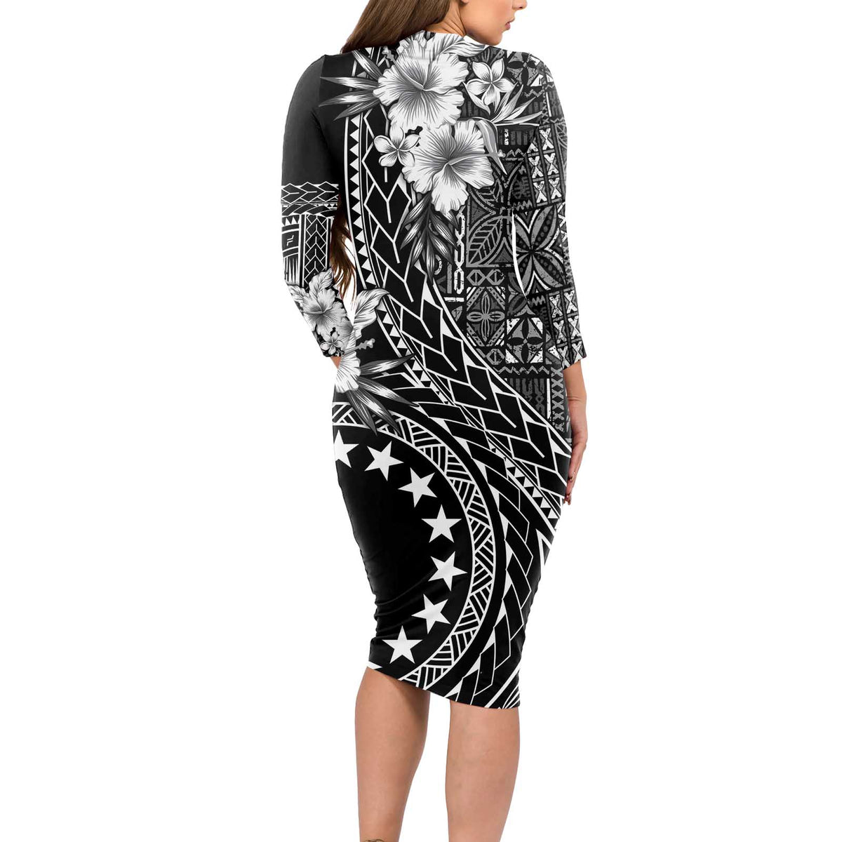 Kia Orana Cook Islands Long Sleeve Bodycon Dress Tiare and Stars