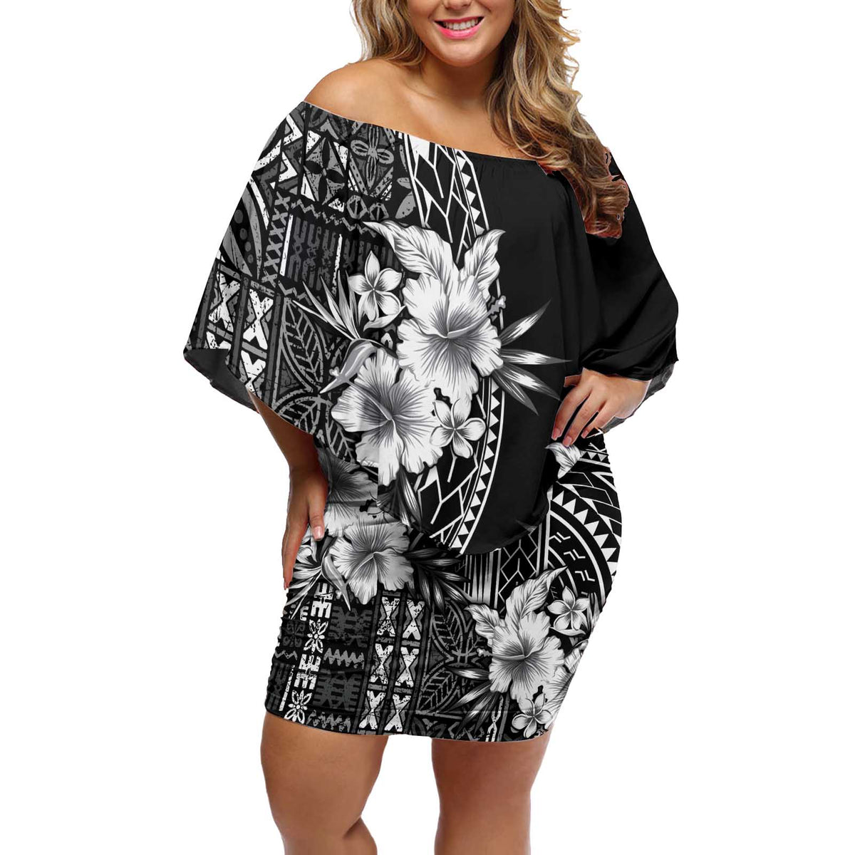 Kia Orana Cook Islands Off Shoulder Short Dress Tiare and Stars LT7 Women Black - Polynesian Pride