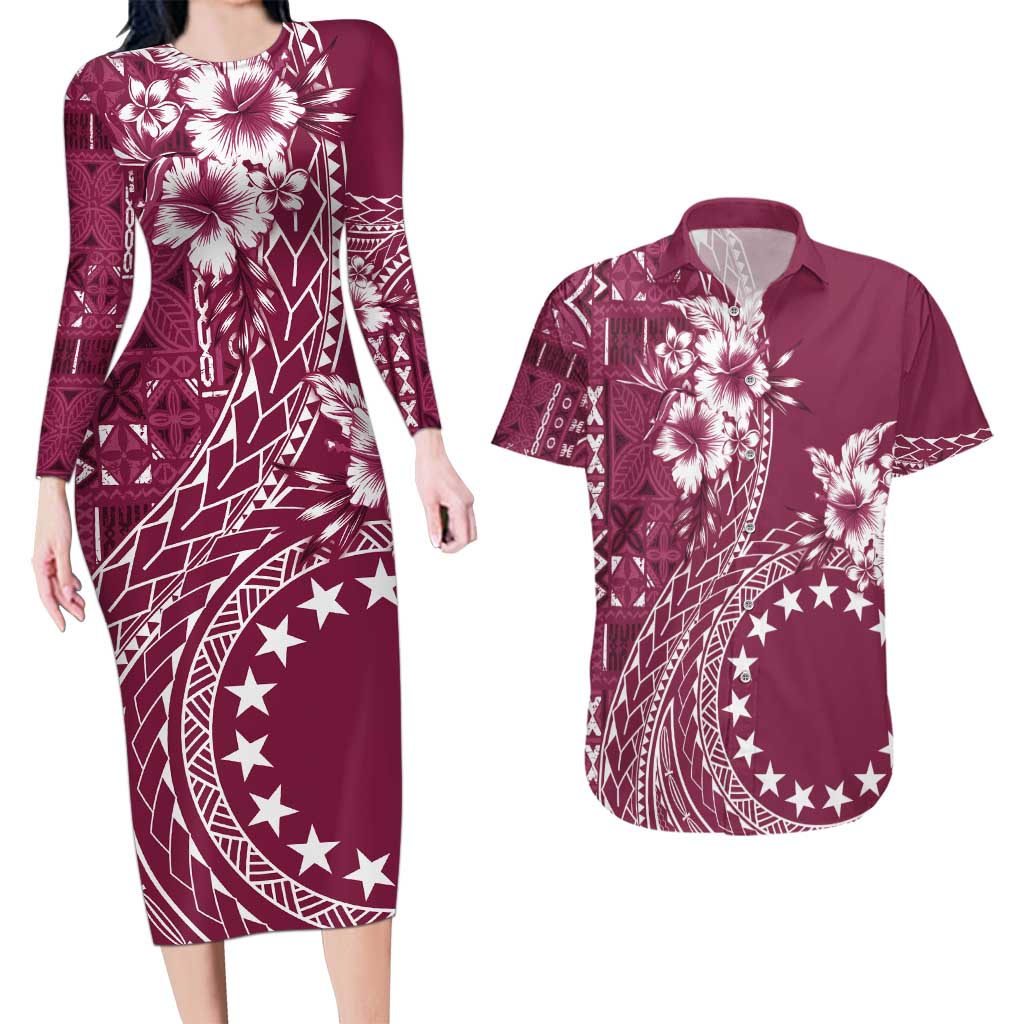 Kia Orana Cook Islands Couples Matching Long Sleeve Bodycon Dress and Hawaiian Shirt Tiare and Stars - Maroon