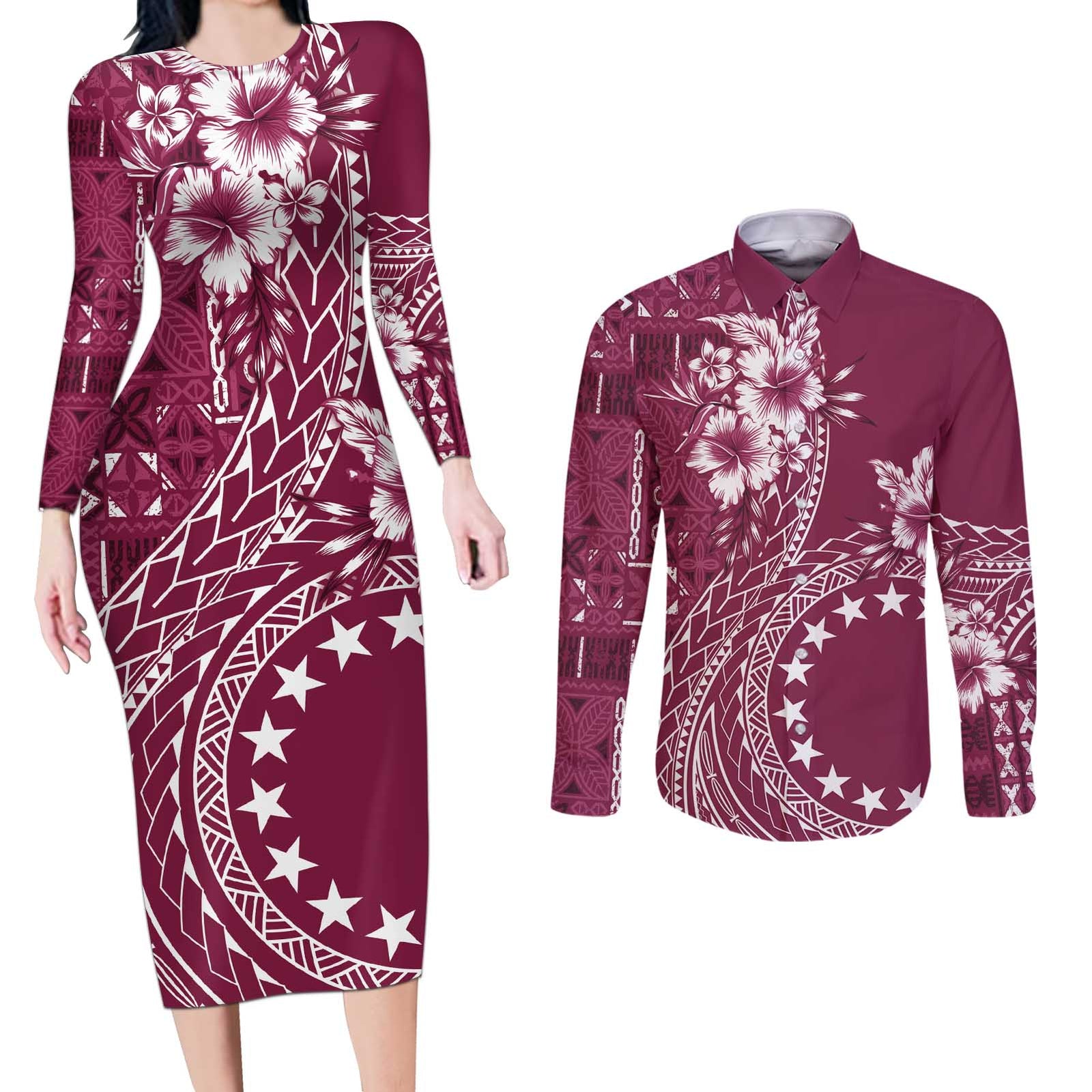 Kia Orana Cook Islands Couples Matching Long Sleeve Bodycon Dress and Long Sleeve Button Shirt Tiare and Stars - Maroon LT7 Maroon - Polynesian Pride