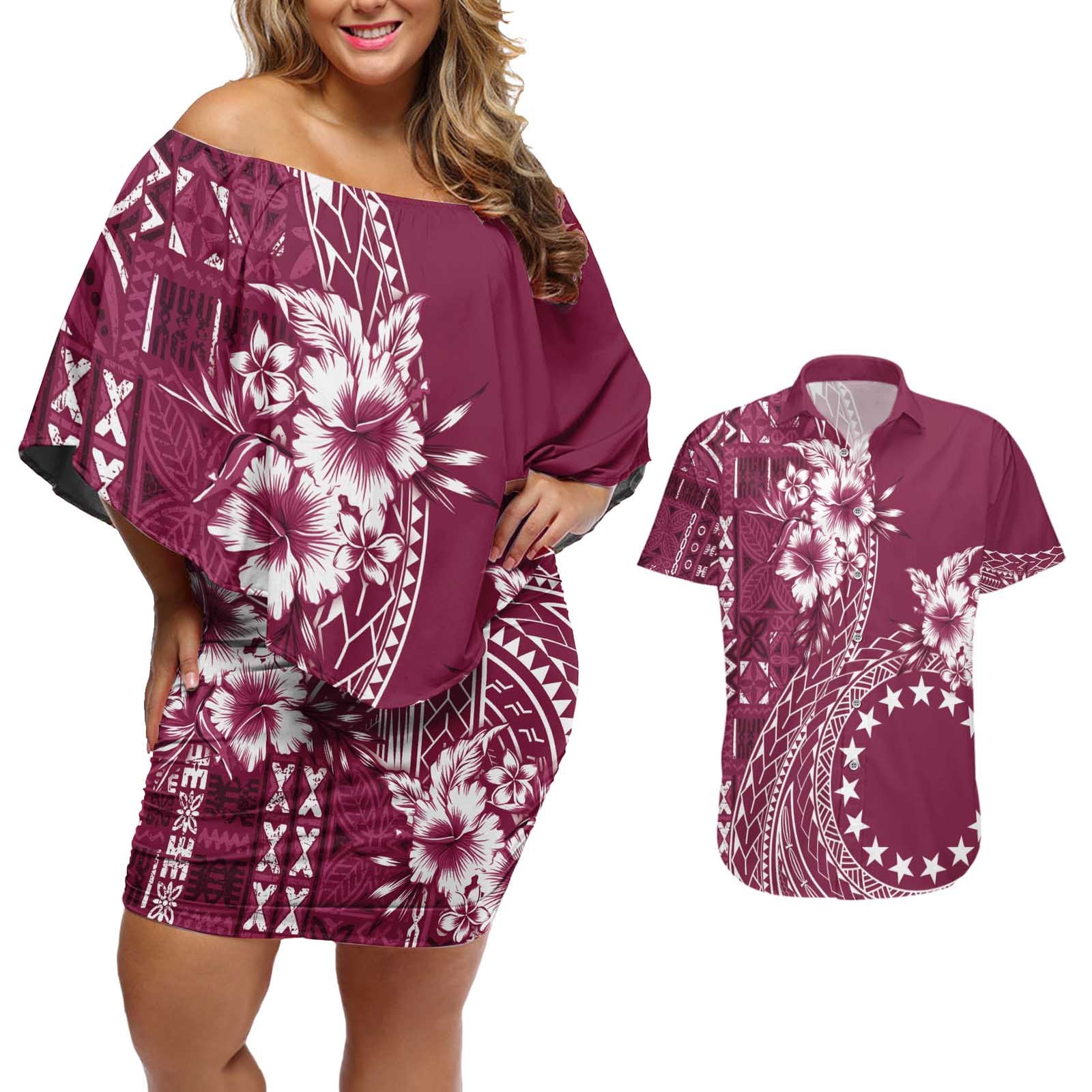 Kia Orana Cook Islands Couples Matching Off Shoulder Short Dress and Hawaiian Shirt Tiare and Stars - Maroon LT7 Maroon - Polynesian Pride