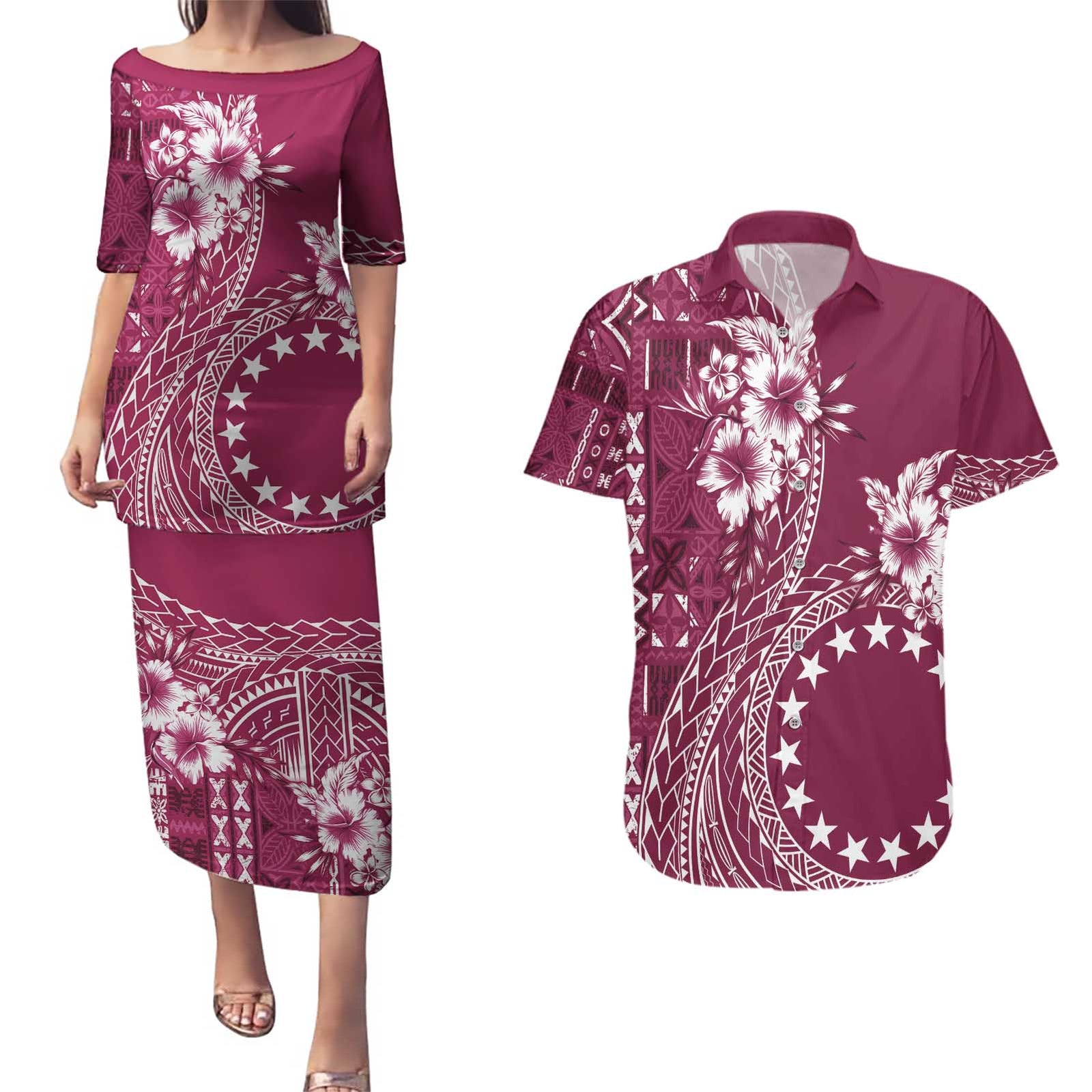 Kia Orana Cook Islands Couples Matching Puletasi and Hawaiian Shirt Tiare and Stars - Maroon LT7 Maroon - Polynesian Pride