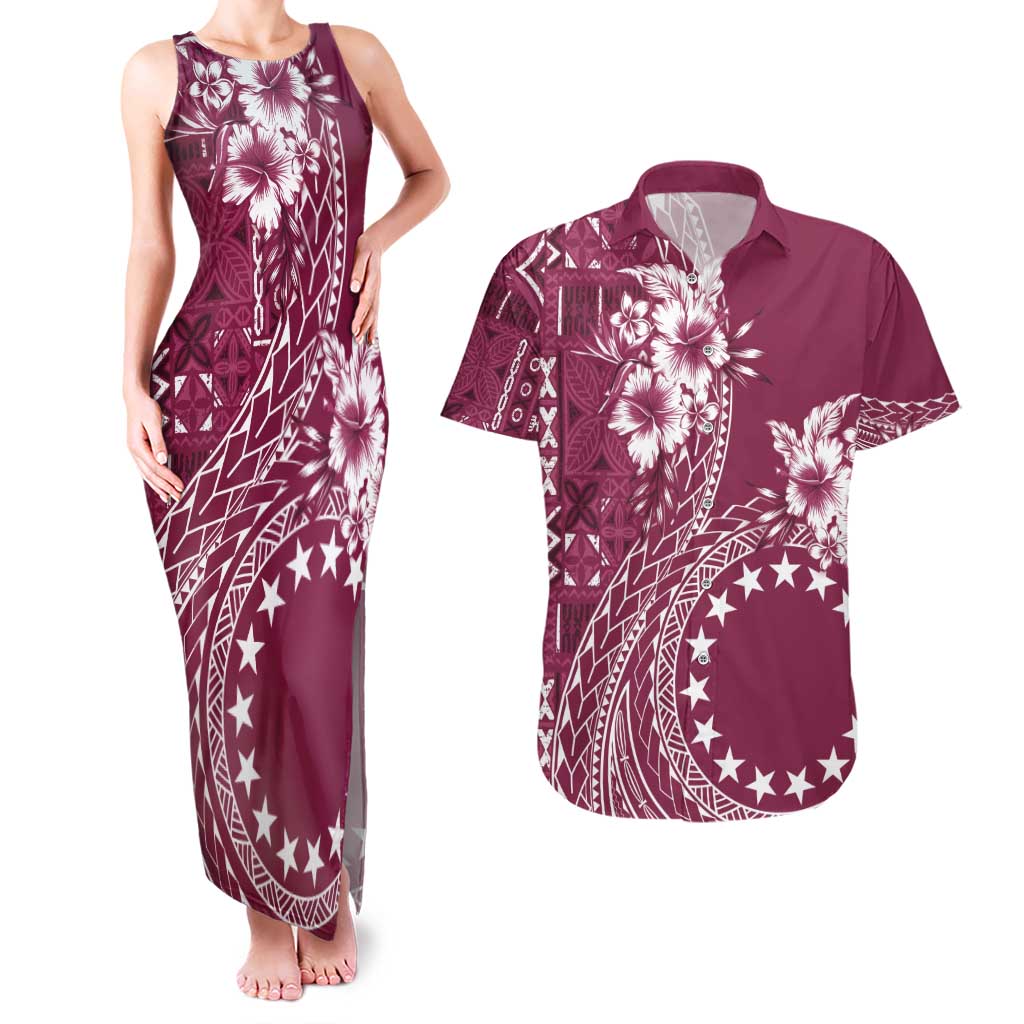 Kia Orana Cook Islands Couples Matching Tank Maxi Dress and Hawaiian Shirt Tiare and Stars - Maroon LT7 Maroon - Polynesian Pride
