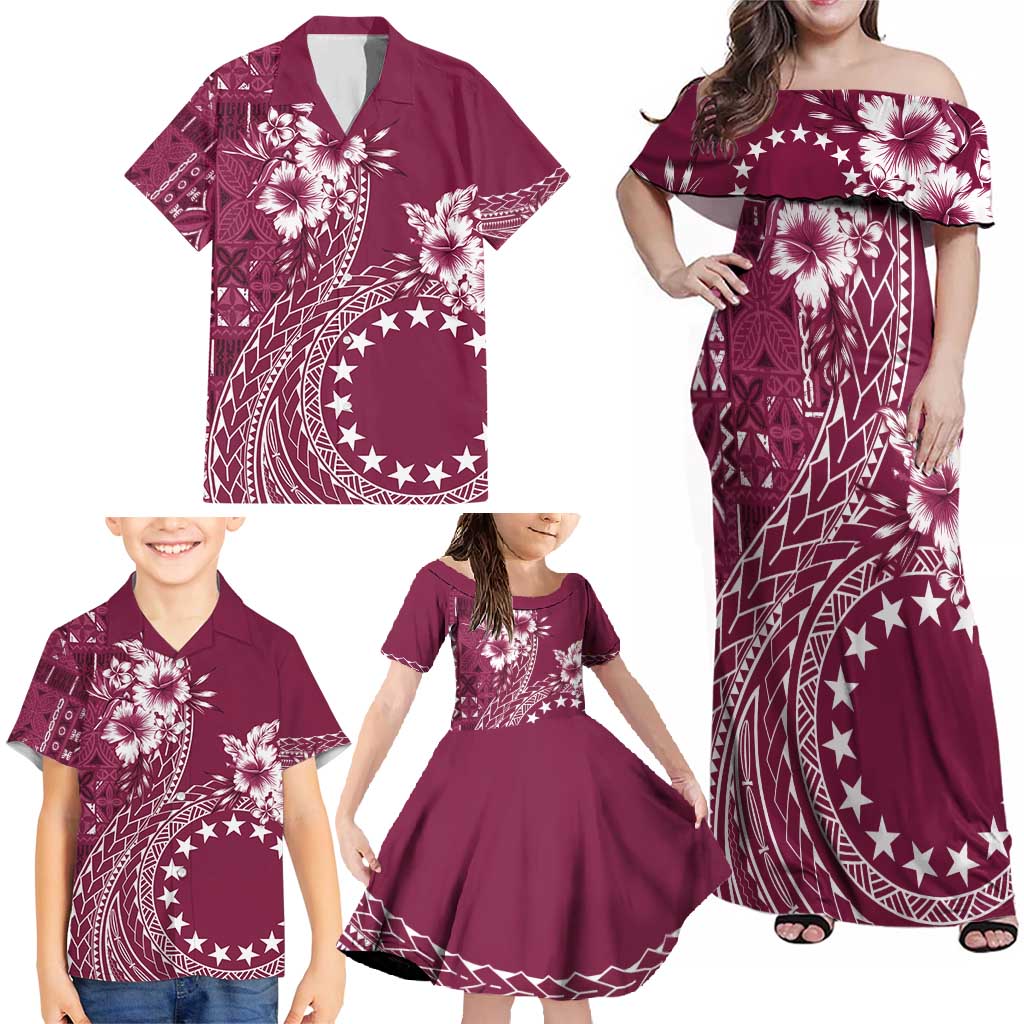 Kia Orana Cook Islands Family Matching Off Shoulder Maxi Dress and Hawaiian Shirt Tiare and Stars - Maroon LT7 - Polynesian Pride