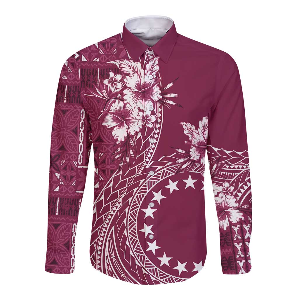 Kia Orana Cook Islands Long Sleeve Button Shirt Tiare and Stars - Maroon