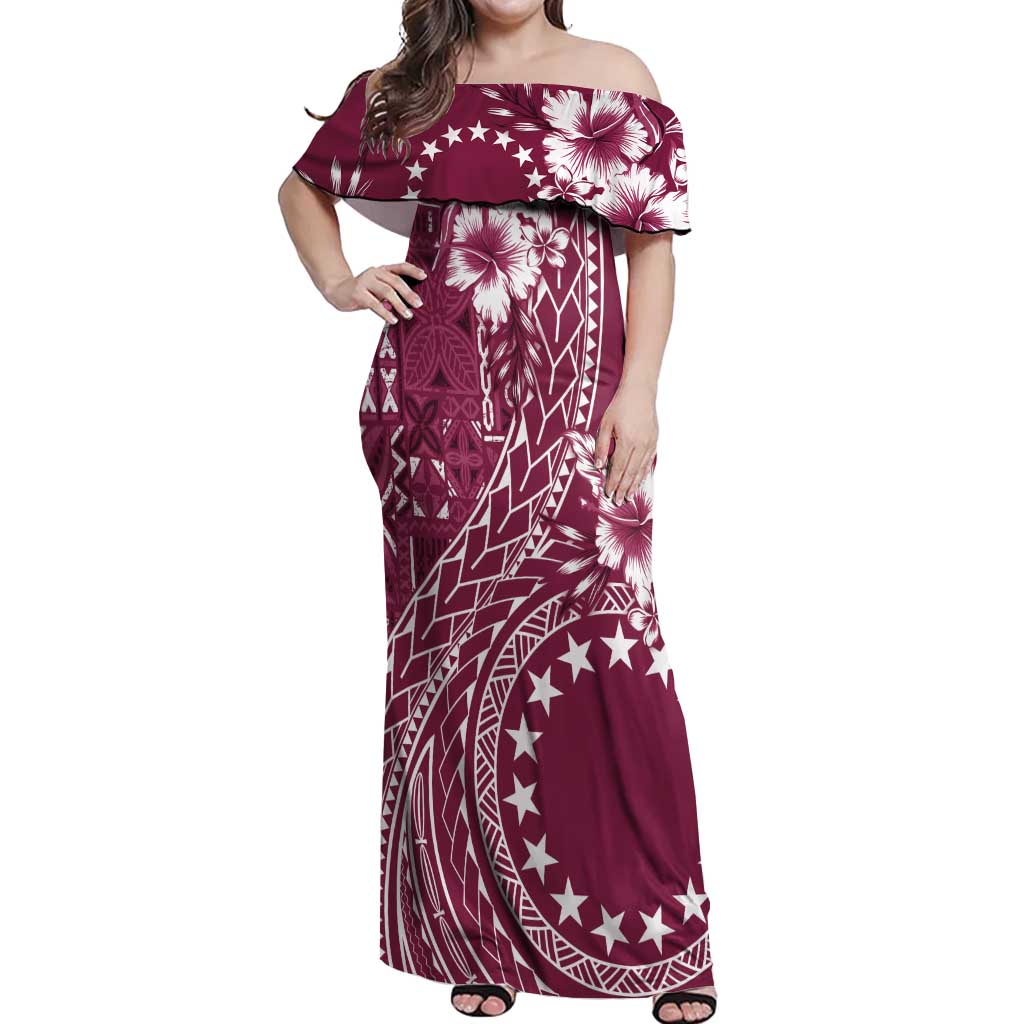 Kia Orana Cook Islands Off Shoulder Maxi Dress Tiare and Stars - Maroon LT7 Women Maroon - Polynesian Pride