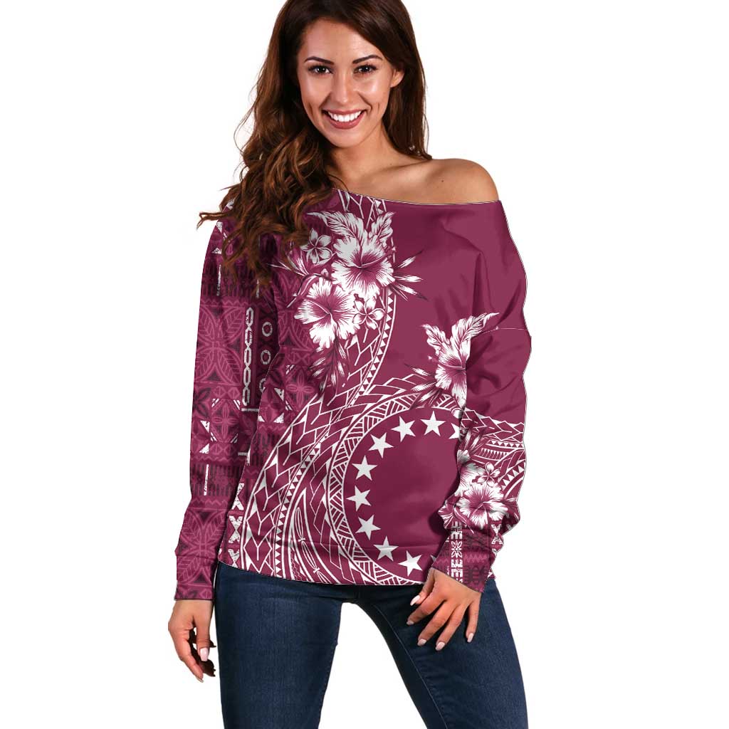 Kia Orana Cook Islands Off Shoulder Sweater Tiare and Stars - Maroon