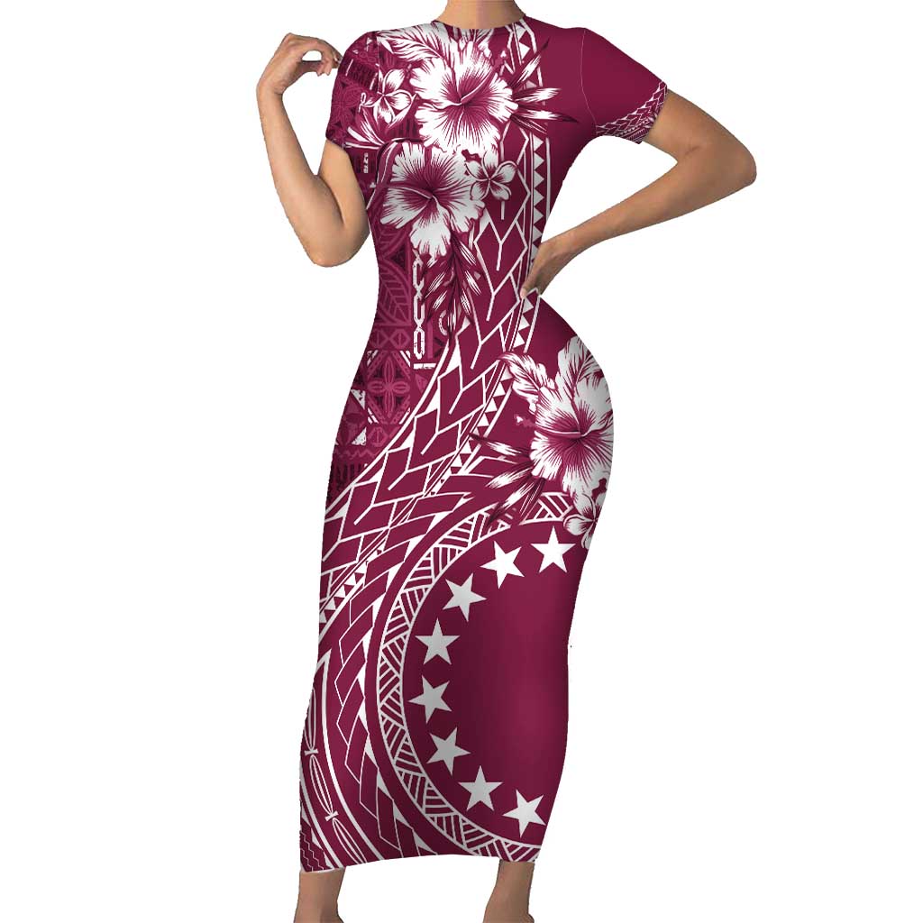 Kia Orana Cook Islands Short Sleeve Bodycon Dress Tiare and Stars - Maroon