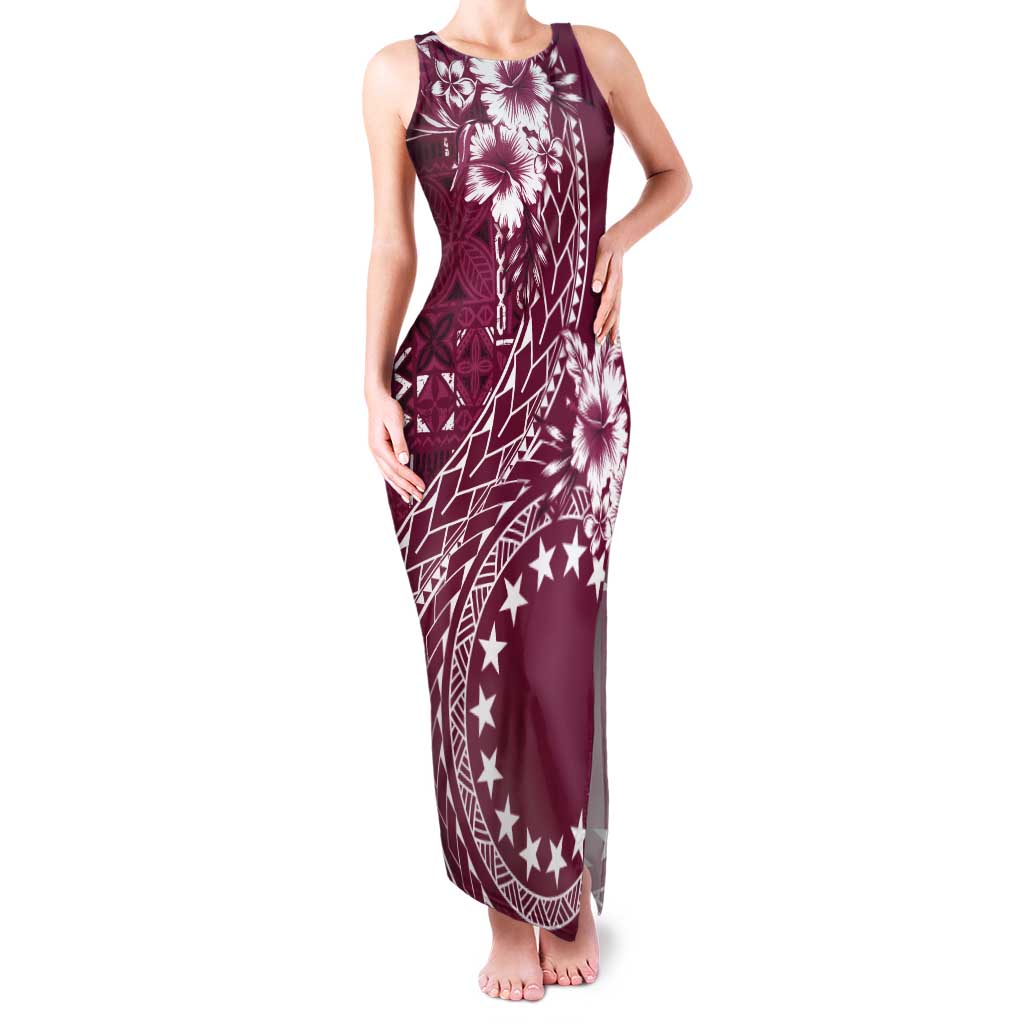 Kia Orana Cook Islands Tank Maxi Dress Tiare and Stars - Maroon LT7 Women Maroon - Polynesian Pride
