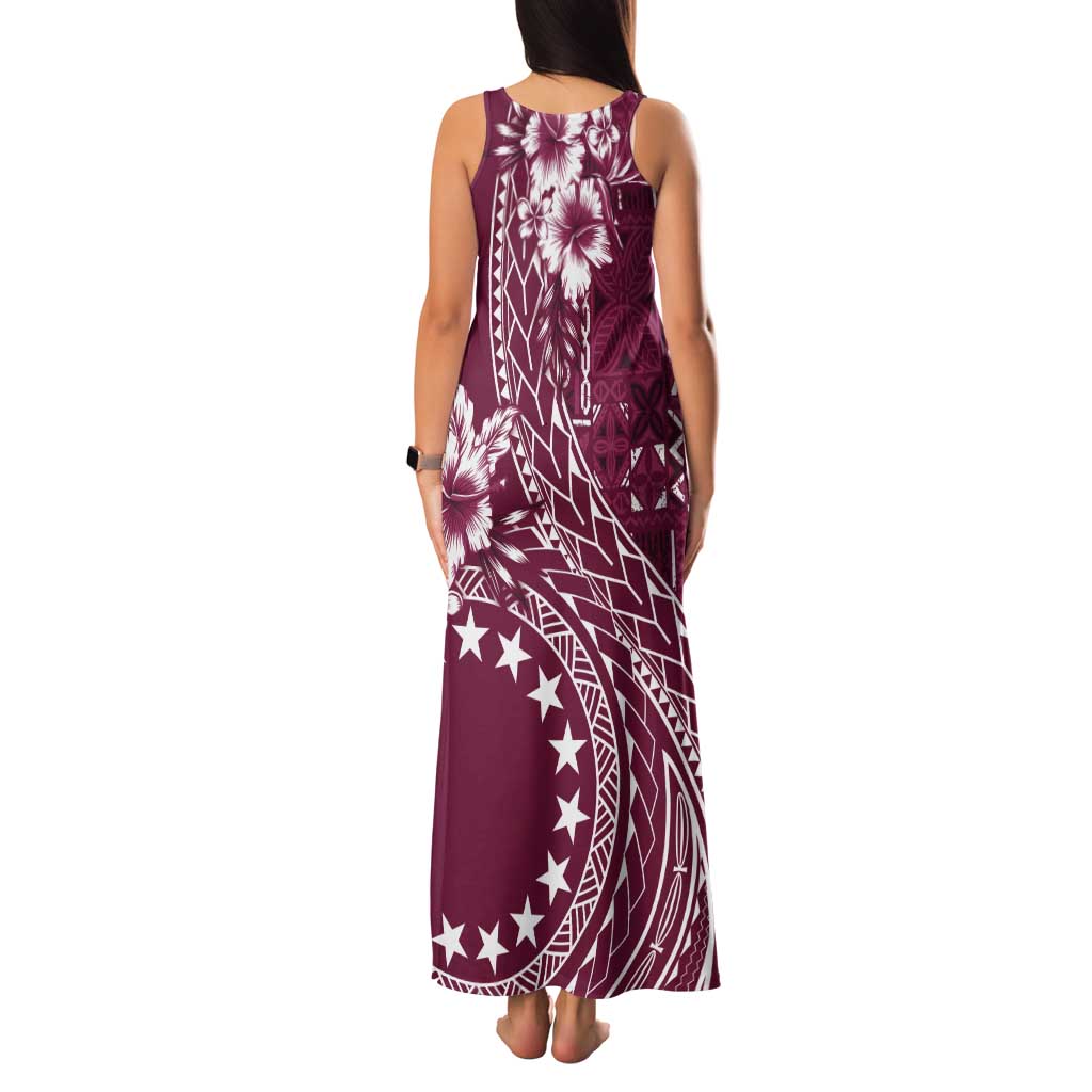 Kia Orana Cook Islands Tank Maxi Dress Tiare and Stars - Maroon LT7 - Polynesian Pride
