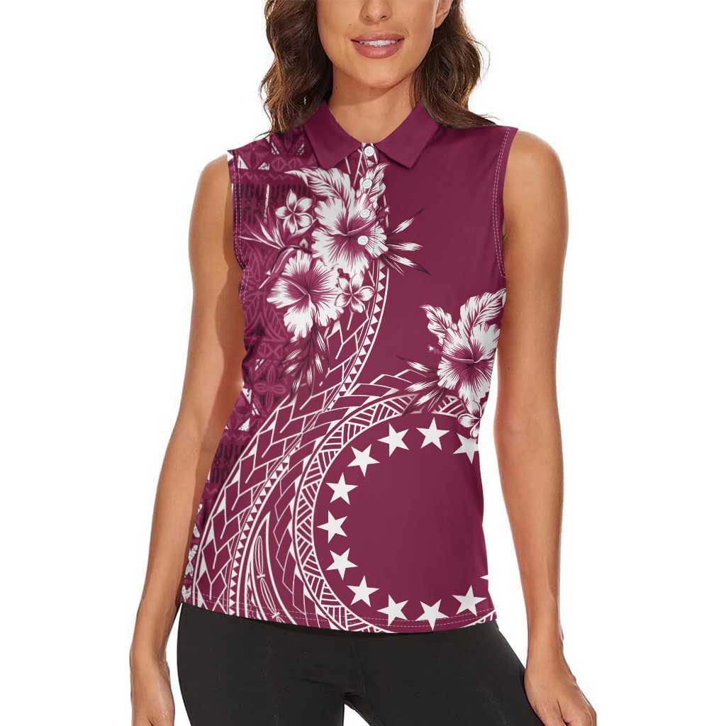 Kia Orana Cook Islands Women Sleeveless Polo Shirt Tiare and Stars - Maroon