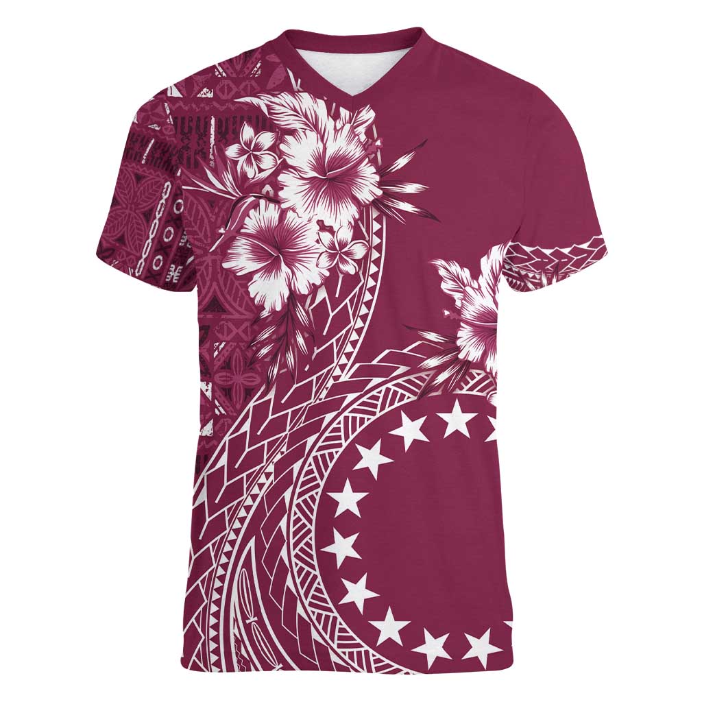 Kia Orana Cook Islands Women V-Neck T-Shirt Tiare and Stars - Maroon