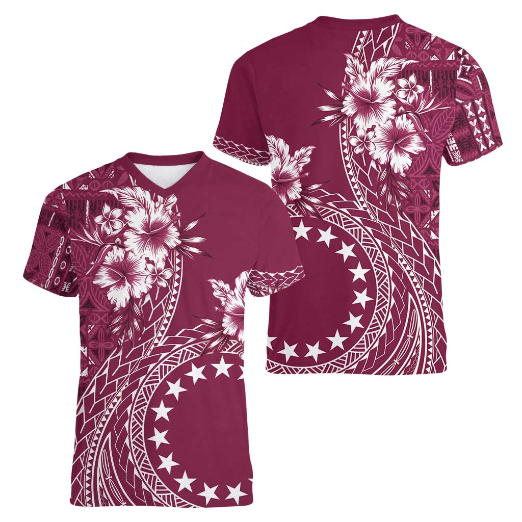 Kia Orana Cook Islands Women V-Neck T-Shirt Tiare and Stars - Maroon