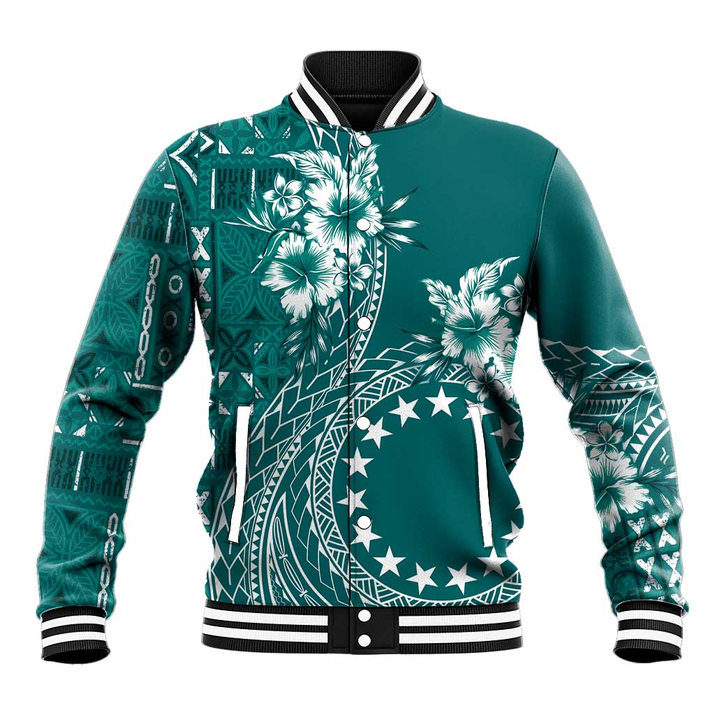 Kia Orana Cook Islands Baseball Jacket Tiare and Stars - Teal LT7 Unisex Teal - Polynesian Pride