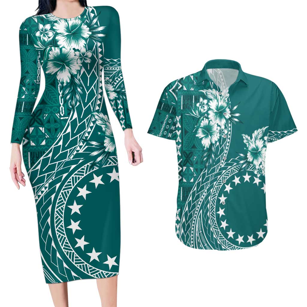 Kia Orana Cook Islands Couples Matching Long Sleeve Bodycon Dress and Hawaiian Shirt Tiare and Stars - Teal LT7 Teal - Polynesian Pride