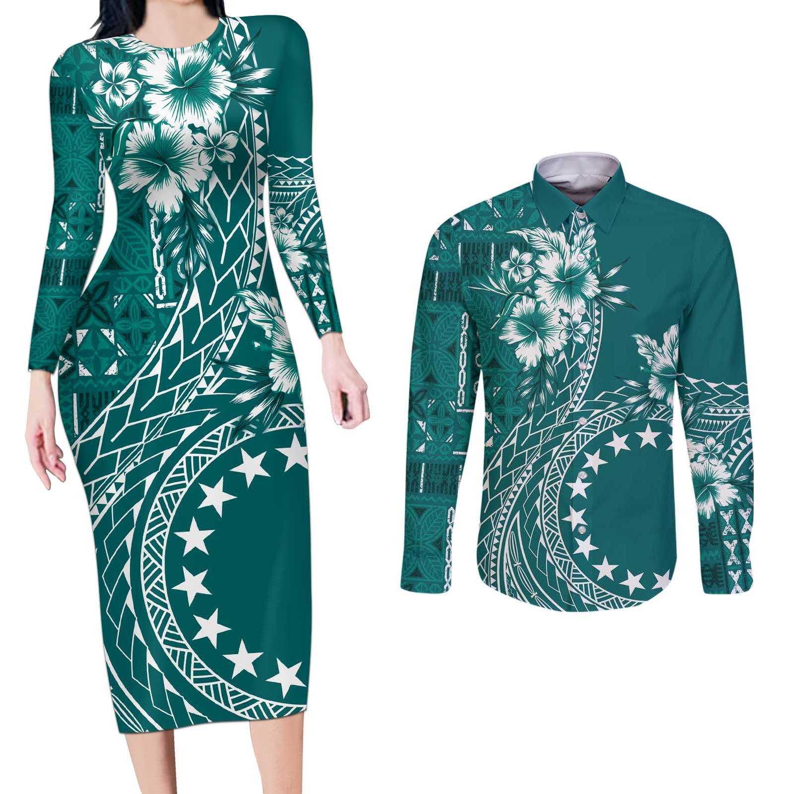 Kia Orana Cook Islands Couples Matching Long Sleeve Bodycon Dress and Long Sleeve Button Shirt Tiare and Stars - Teal LT7 Teal - Polynesian Pride