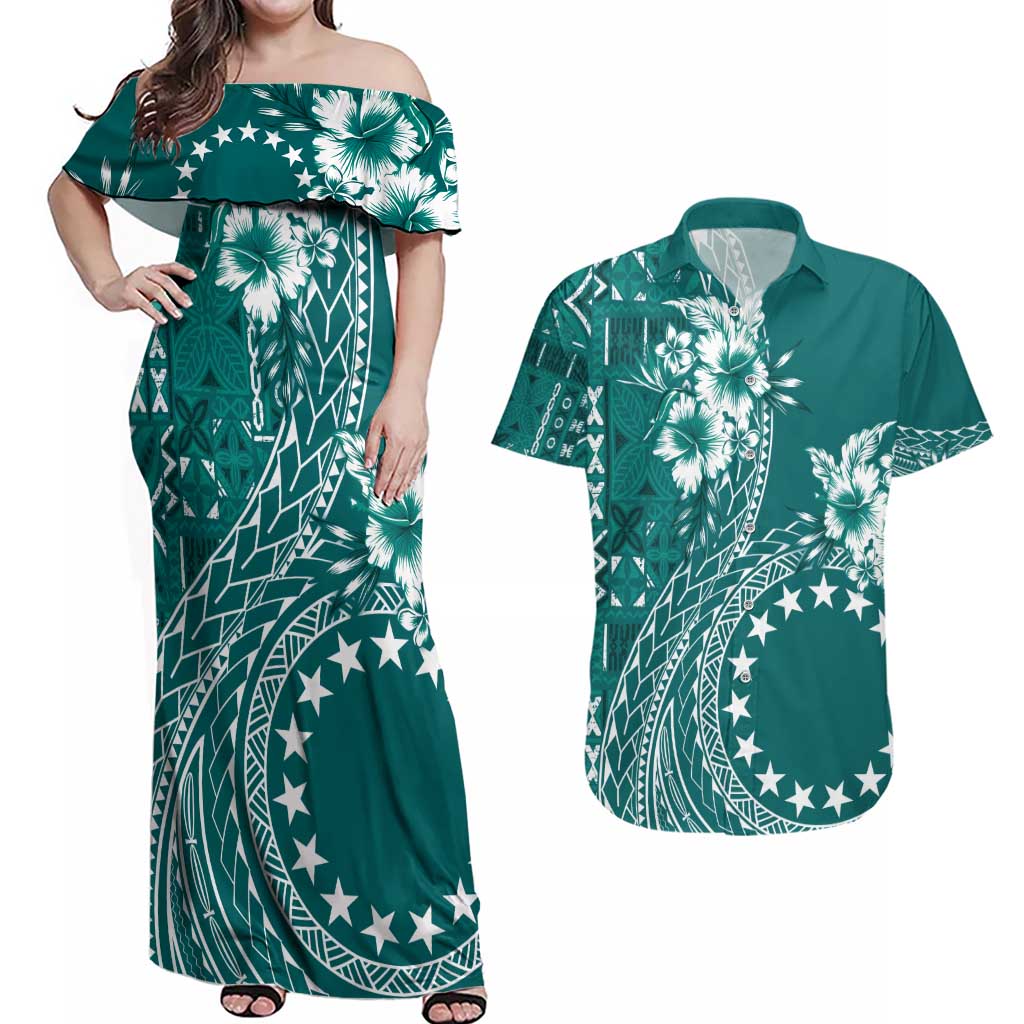 Kia Orana Cook Islands Couples Matching Off Shoulder Maxi Dress and Hawaiian Shirt Tiare and Stars - Teal