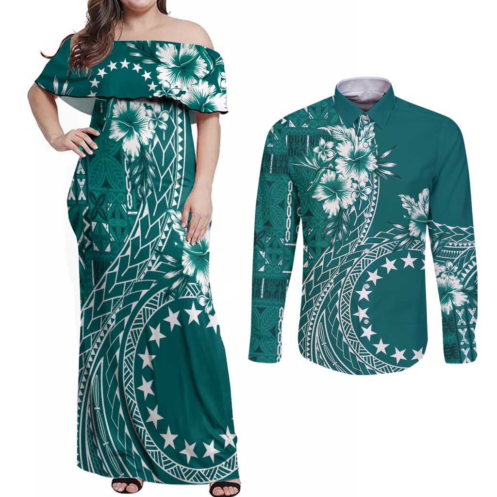 Kia Orana Cook Islands Couples Matching Off Shoulder Maxi Dress and Long Sleeve Button Shirt Tiare and Stars - Teal LT7 Teal - Polynesian Pride