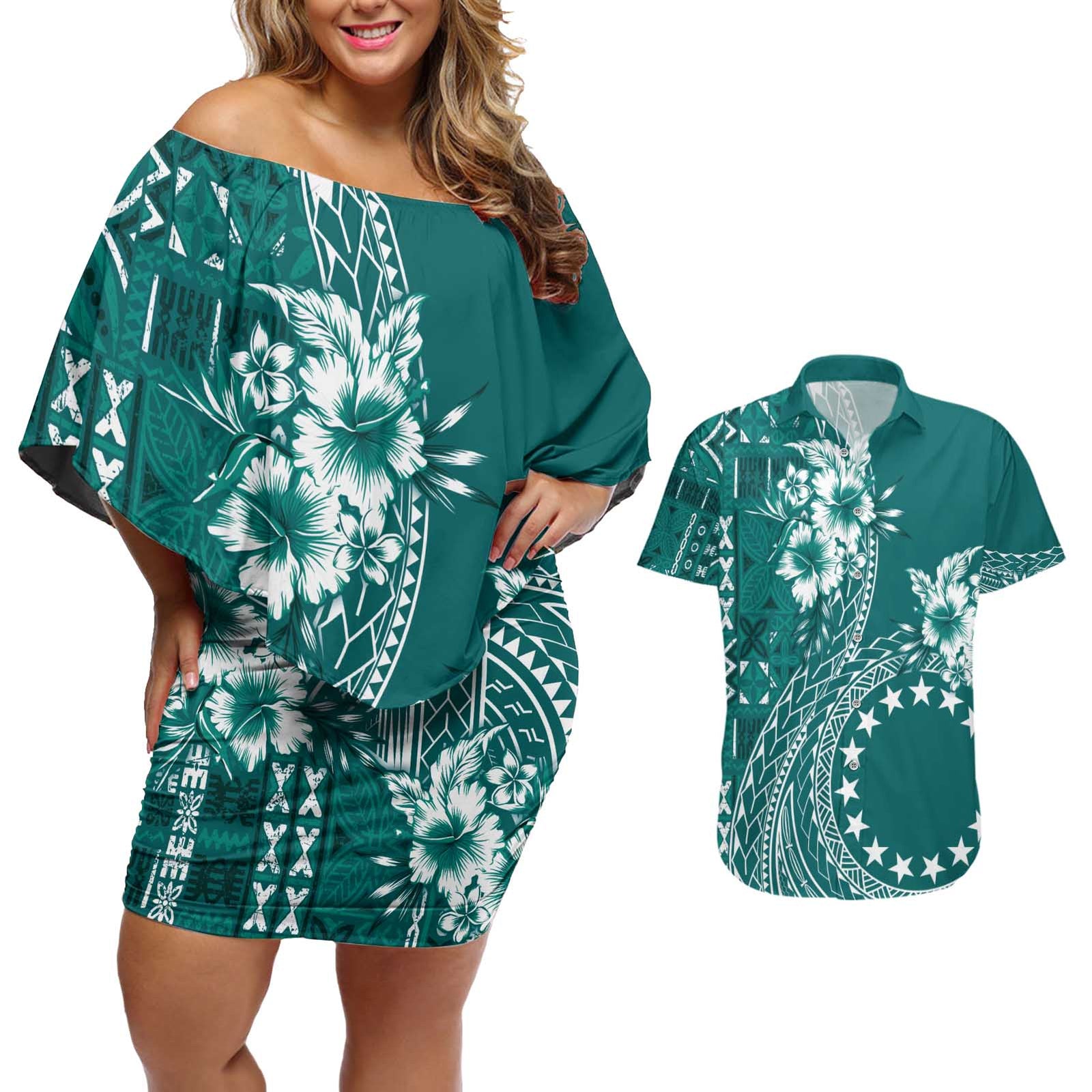 Kia Orana Cook Islands Couples Matching Off Shoulder Short Dress and Hawaiian Shirt Tiare and Stars - Teal LT7 Teal - Polynesian Pride