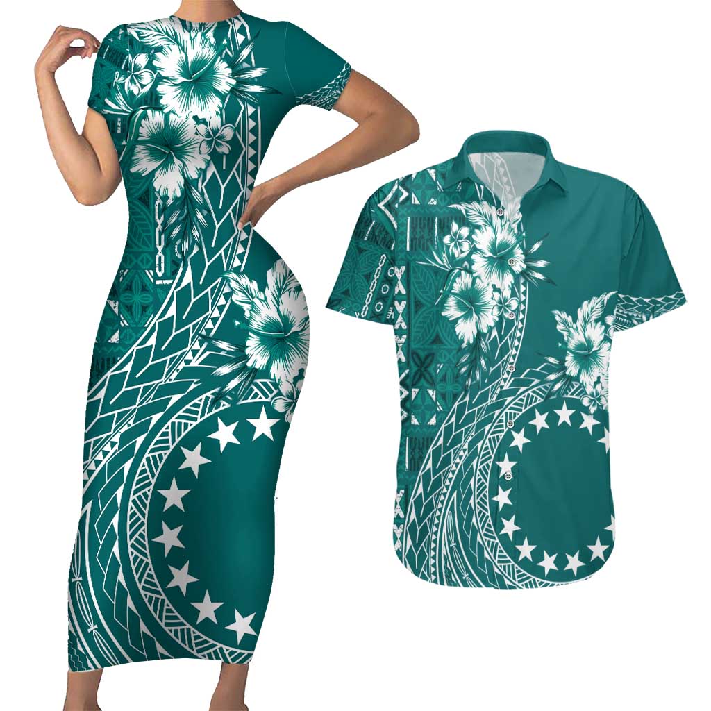 Kia Orana Cook Islands Couples Matching Short Sleeve Bodycon Dress and Hawaiian Shirt Tiare and Stars - Teal LT7 Teal - Polynesian Pride