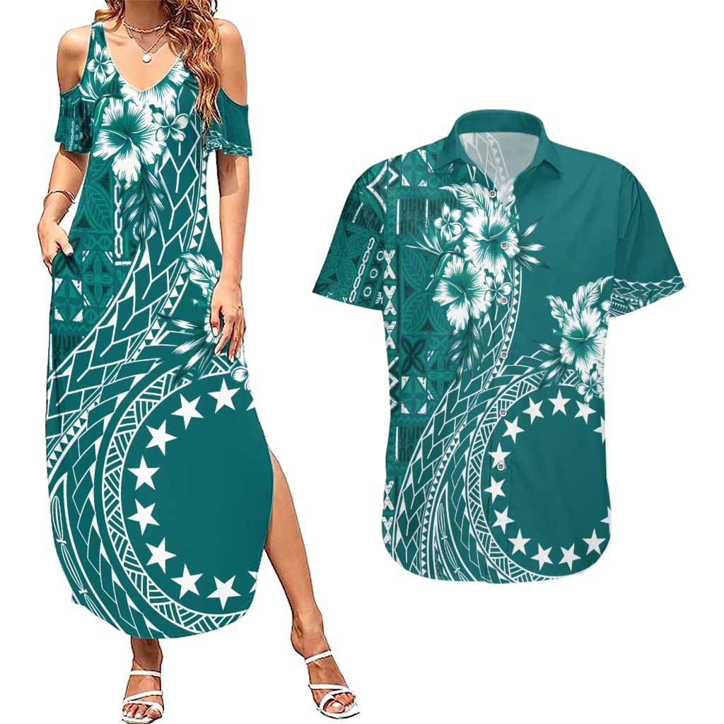 Kia Orana Cook Islands Couples Matching Summer Maxi Dress and Hawaiian Shirt Tiare and Stars - Teal LT7 Teal - Polynesian Pride