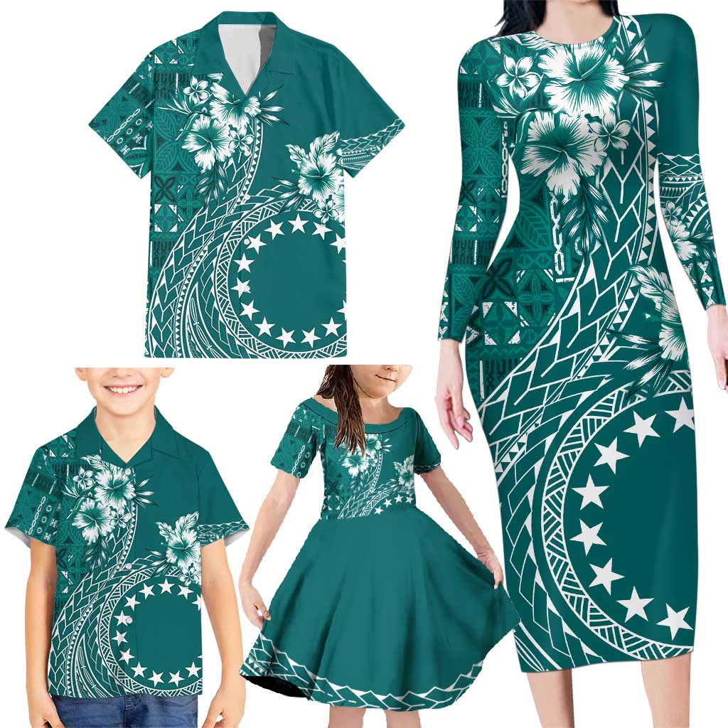 Kia Orana Cook Islands Family Matching Long Sleeve Bodycon Dress and Hawaiian Shirt Tiare and Stars - Teal LT7 - Polynesian Pride