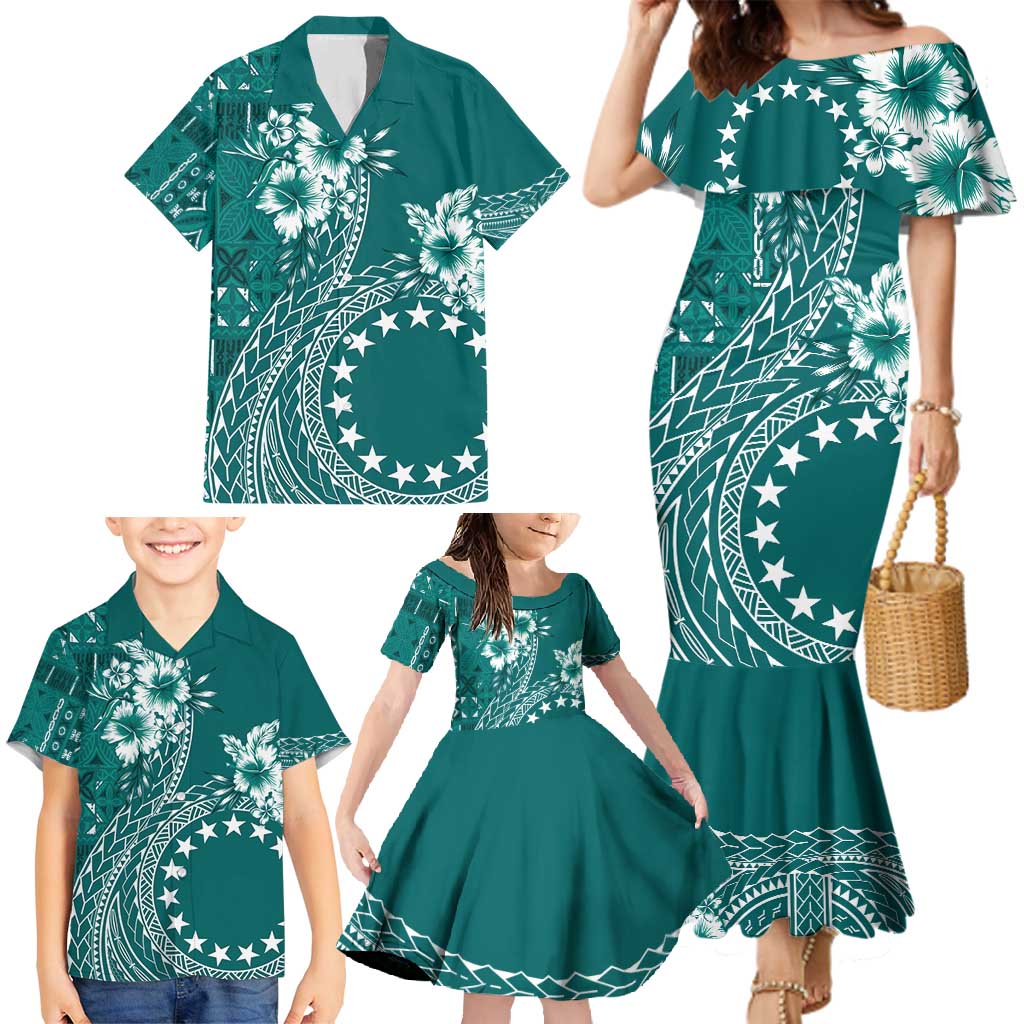 Kia Orana Cook Islands Family Matching Mermaid Dress and Hawaiian Shirt Tiare and Stars - Teal