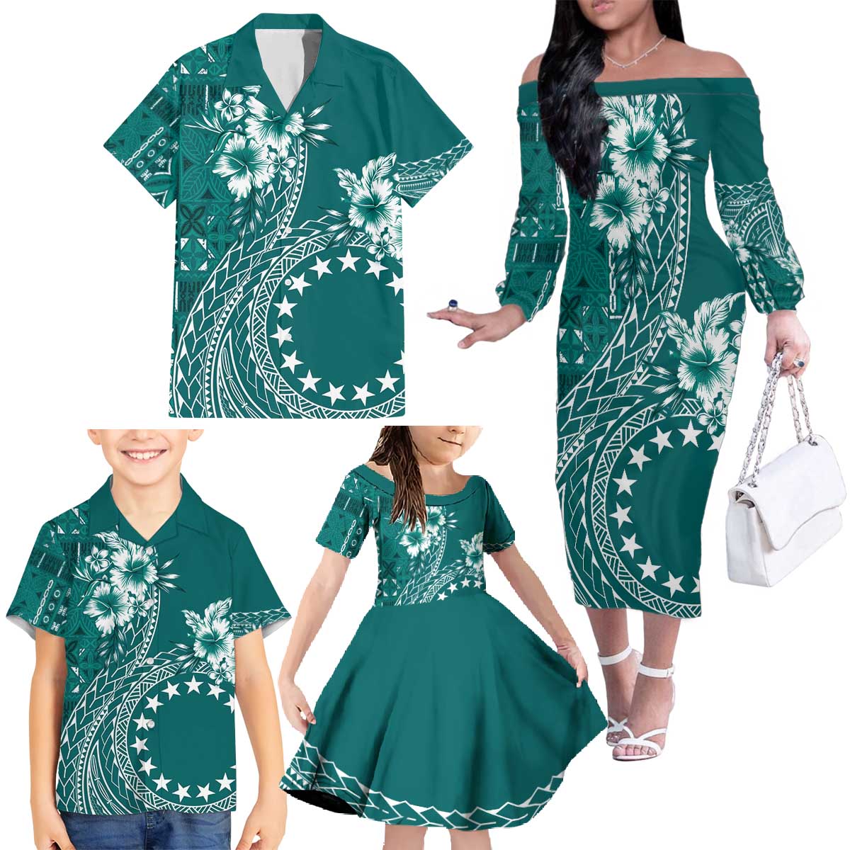 Kia Orana Cook Islands Family Matching Off The Shoulder Long Sleeve Dress and Hawaiian Shirt Tiare and Stars - Teal