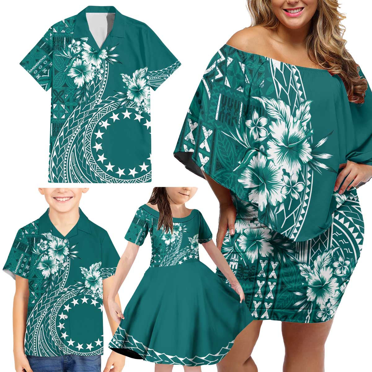 Kia Orana Cook Islands Family Matching Off Shoulder Short Dress and Hawaiian Shirt Tiare and Stars - Teal LT7 - Polynesian Pride