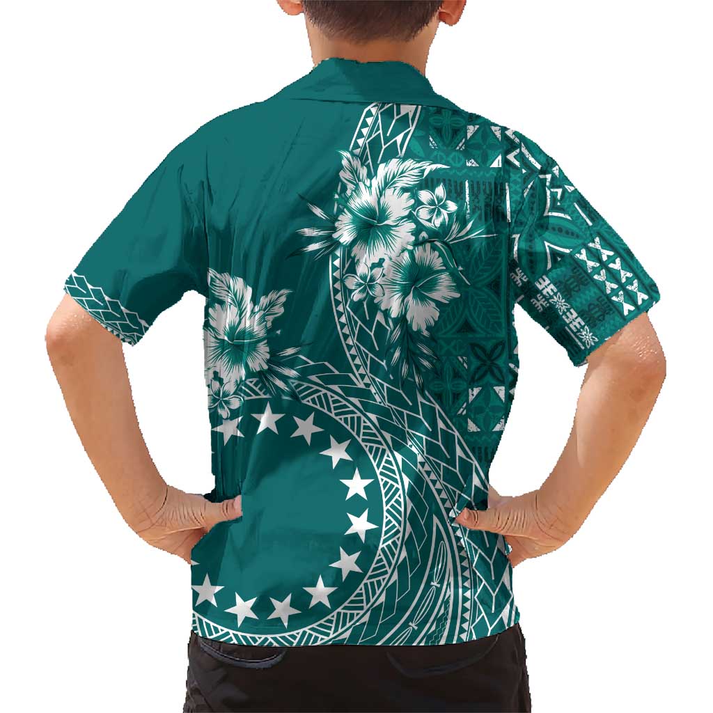 Kia Orana Cook Islands Family Matching Short Sleeve Bodycon Dress and Hawaiian Shirt Tiare and Stars - Teal