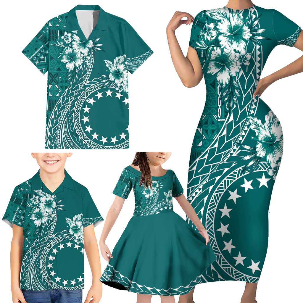 Kia Orana Cook Islands Family Matching Short Sleeve Bodycon Dress and Hawaiian Shirt Tiare and Stars - Teal LT7 - Polynesian Pride