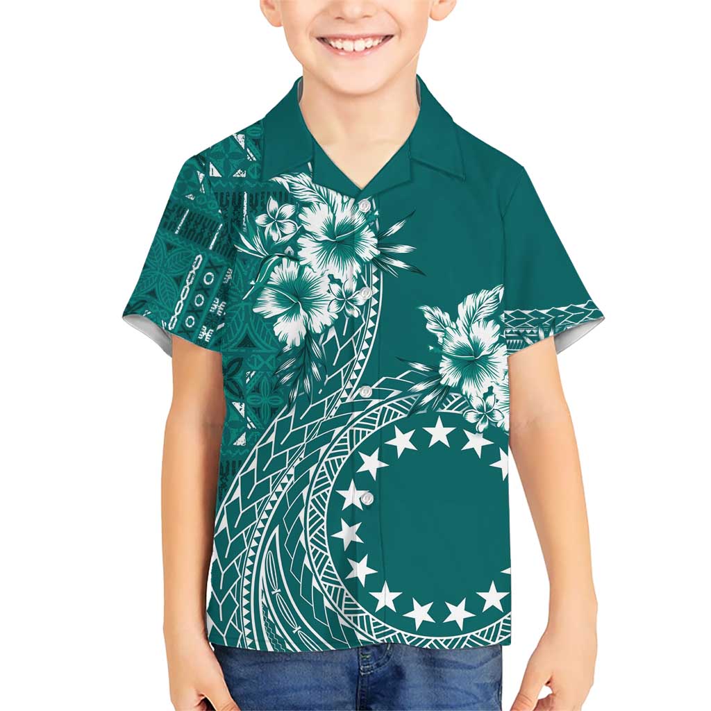Kia Orana Cook Islands Kid Hawaiian Shirt Tiare and Stars - Teal