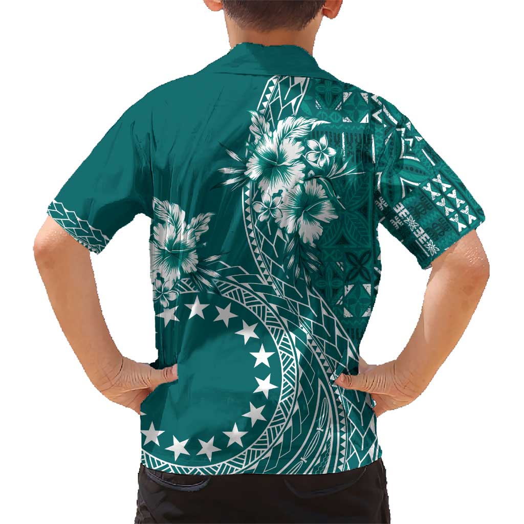 Kia Orana Cook Islands Kid Hawaiian Shirt Tiare and Stars - Teal