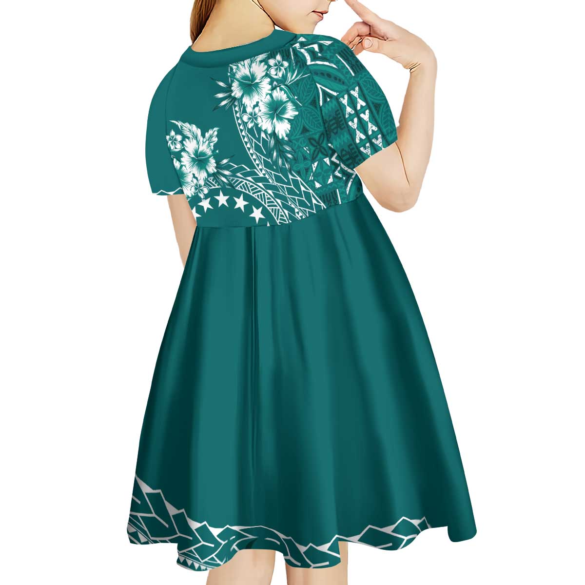 Kia Orana Cook Islands Kid Short Sleeve Dress Tiare and Stars - Teal