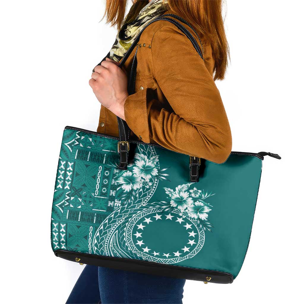 Kia Orana Cook Islands Leather Tote Bag Tiare and Stars - Teal LT7 Teal - Polynesian Pride