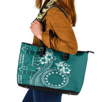 Kia Orana Cook Islands Leather Tote Bag Tiare and Stars - Teal LT7 Teal - Polynesian Pride