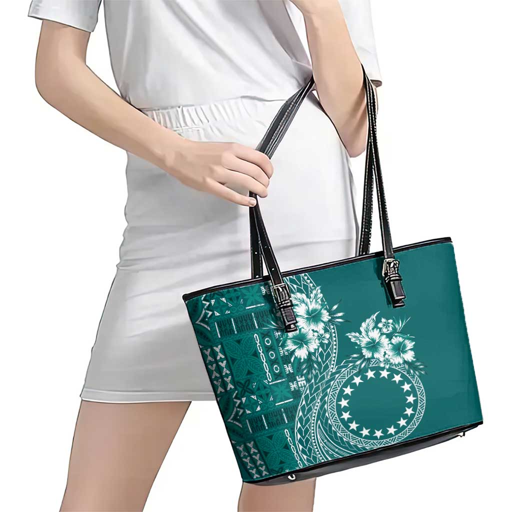 Kia Orana Cook Islands Leather Tote Bag Tiare and Stars - Teal LT7 - Polynesian Pride