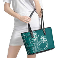 Kia Orana Cook Islands Leather Tote Bag Tiare and Stars - Teal LT7 - Polynesian Pride