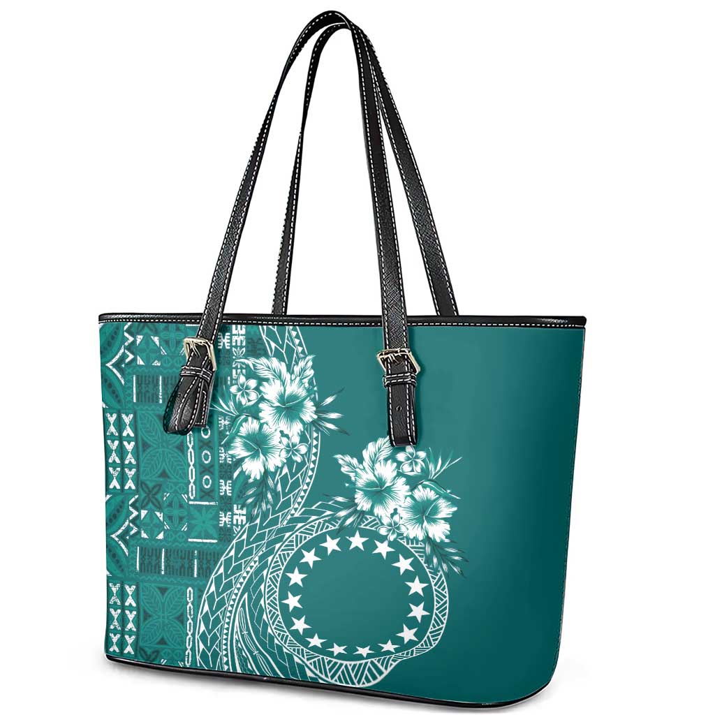 Kia Orana Cook Islands Leather Tote Bag Tiare and Stars - Teal LT7 - Polynesian Pride