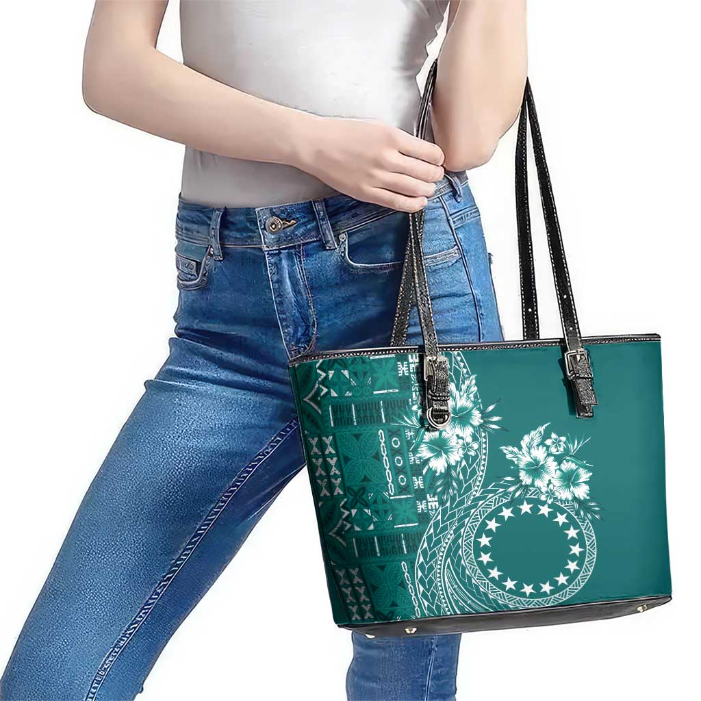 Kia Orana Cook Islands Leather Tote Bag Tiare and Stars - Teal LT7 - Polynesian Pride
