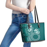 Kia Orana Cook Islands Leather Tote Bag Tiare and Stars - Teal LT7 - Polynesian Pride