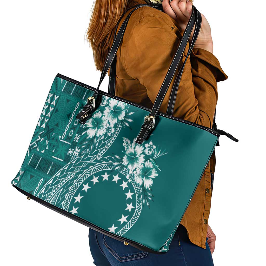 Kia Orana Cook Islands Leather Tote Bag Tiare and Stars - Teal LT7 - Polynesian Pride
