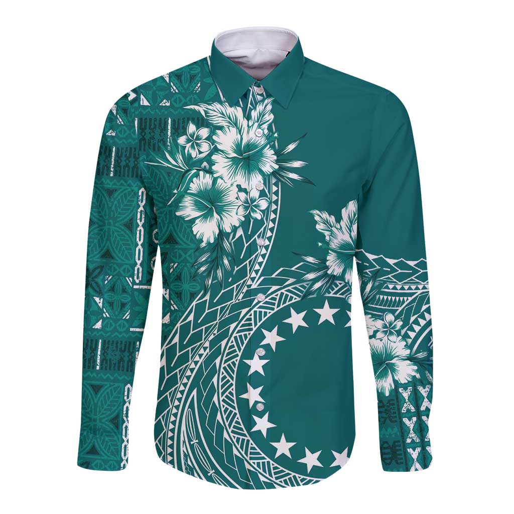 Kia Orana Cook Islands Long Sleeve Button Shirt Tiare and Stars - Teal