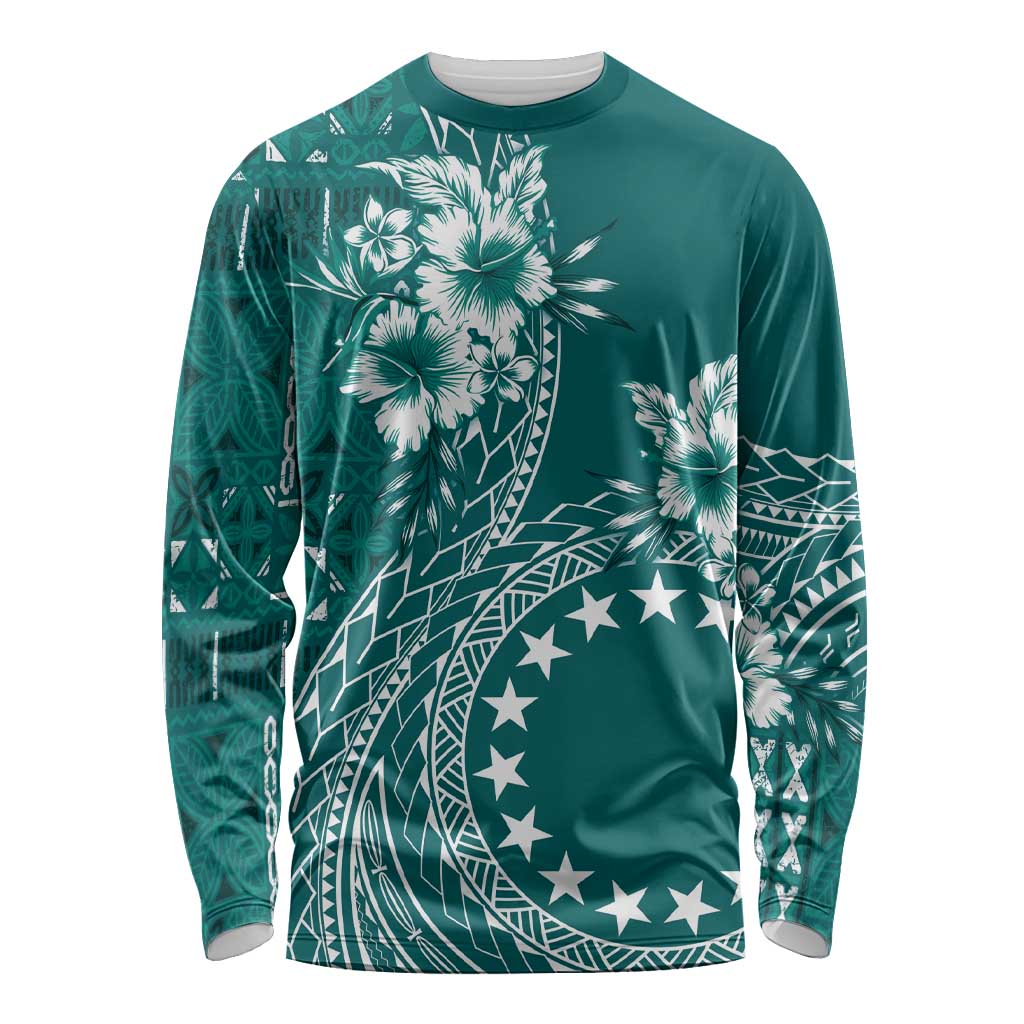 Kia Orana Cook Islands Long Sleeve Shirt Tiare and Stars - Teal