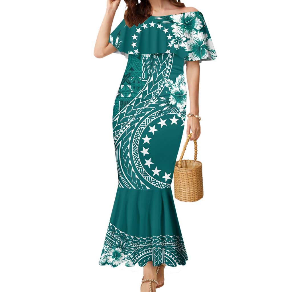 Kia Orana Cook Islands Mermaid Dress Tiare and Stars - Teal