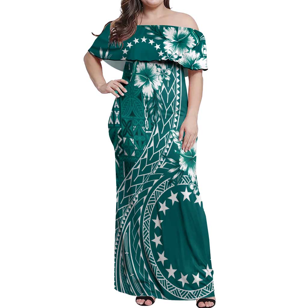 Kia Orana Cook Islands Off Shoulder Maxi Dress Tiare and Stars - Teal LT7 Women Teal - Polynesian Pride