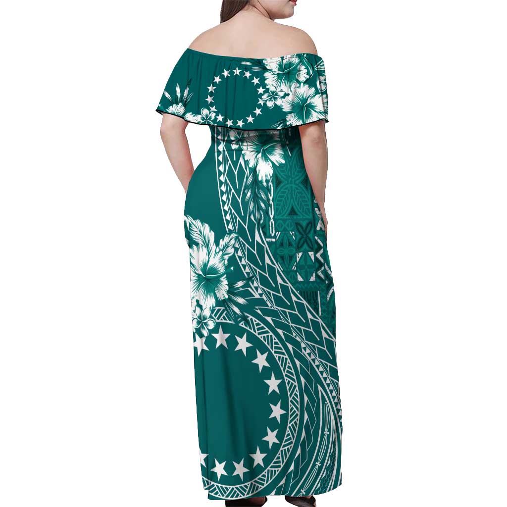 Kia Orana Cook Islands Off Shoulder Maxi Dress Tiare and Stars - Teal LT7 - Polynesian Pride