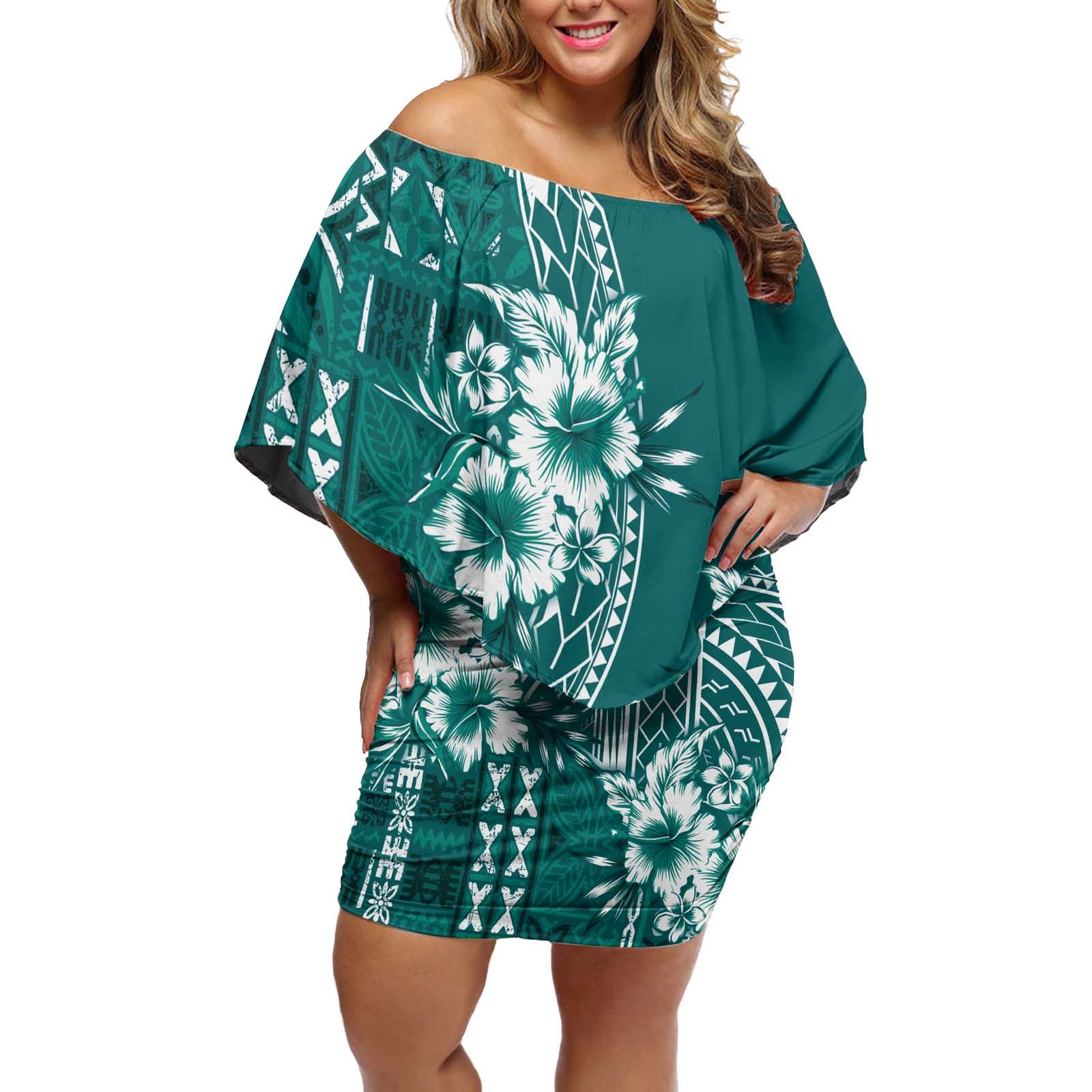 Kia Orana Cook Islands Off Shoulder Short Dress Tiare and Stars - Teal LT7 Women Teal - Polynesian Pride