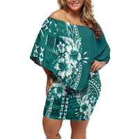 Kia Orana Cook Islands Off Shoulder Short Dress Tiare and Stars - Teal LT7 Women Teal - Polynesian Pride